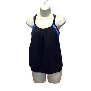 New Women’s Aqua Tech Blouson Tankini Top Blue Tie Dye Black Medium NWT